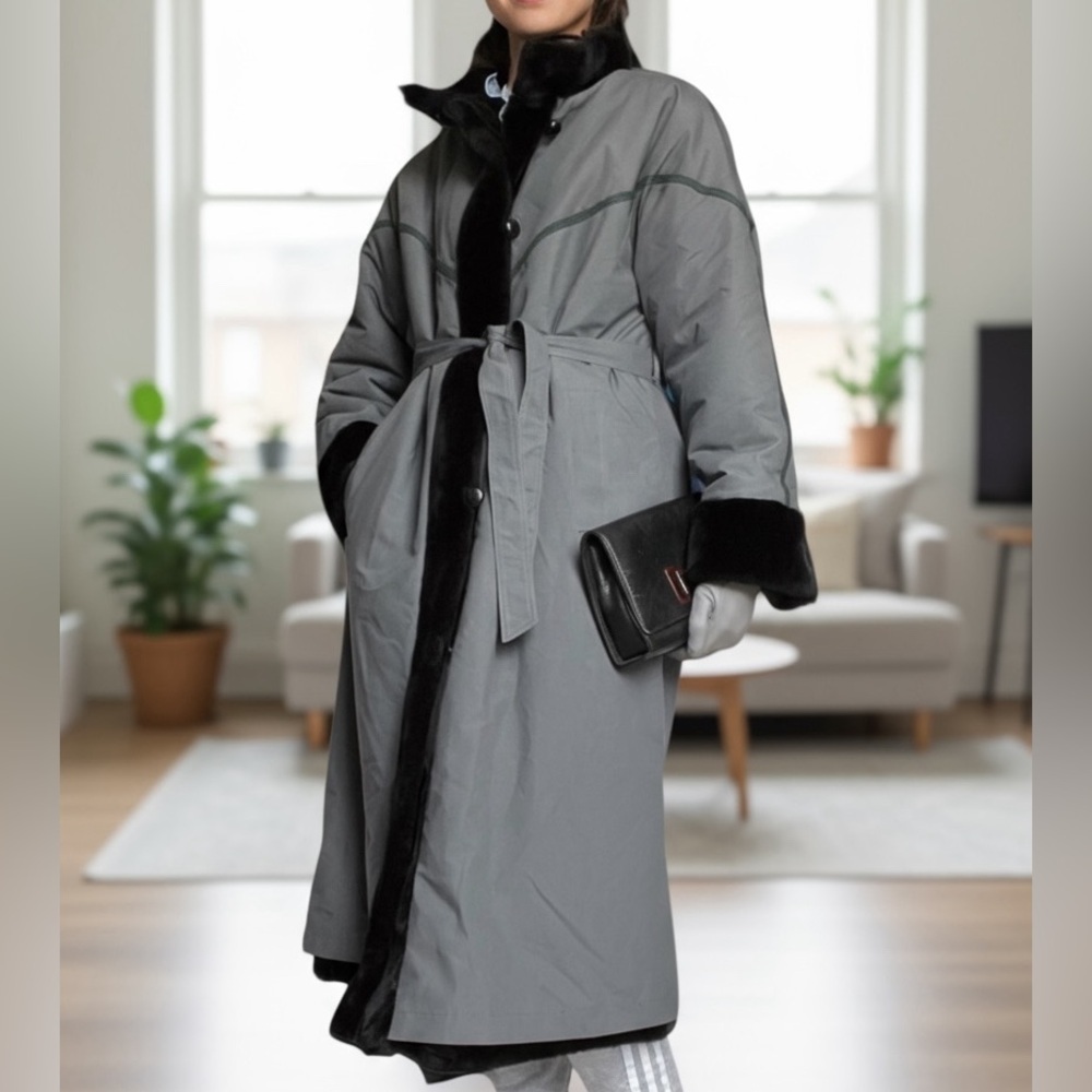 Vintage 60s 70s Faux Fur Black Coat Reversible Belted Size Small - Picture 5 of 16